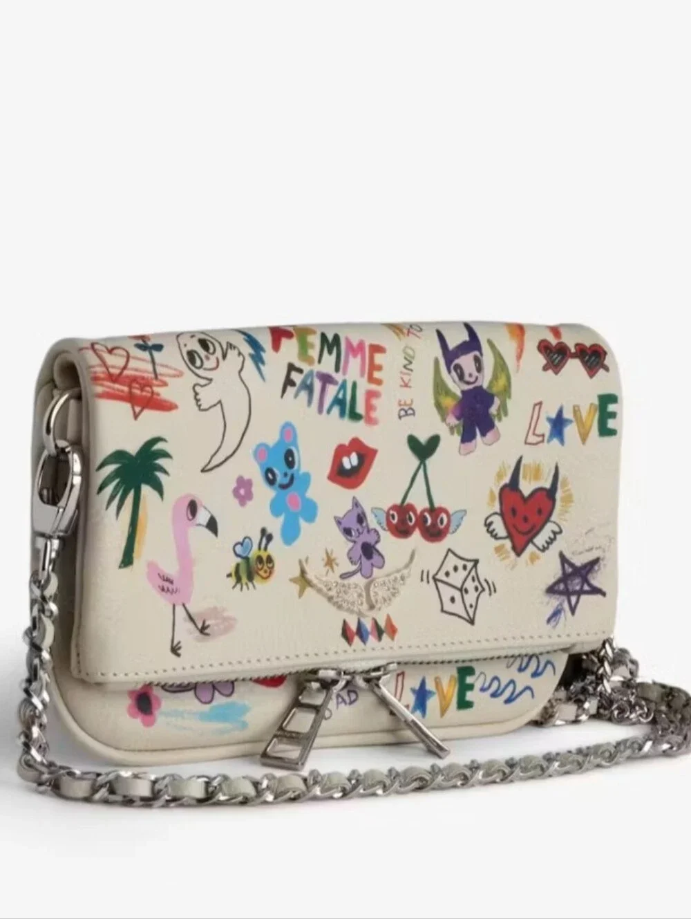 Zadig & Voltaire Cream Mini Clutch with Multicolor Graphic Motifs